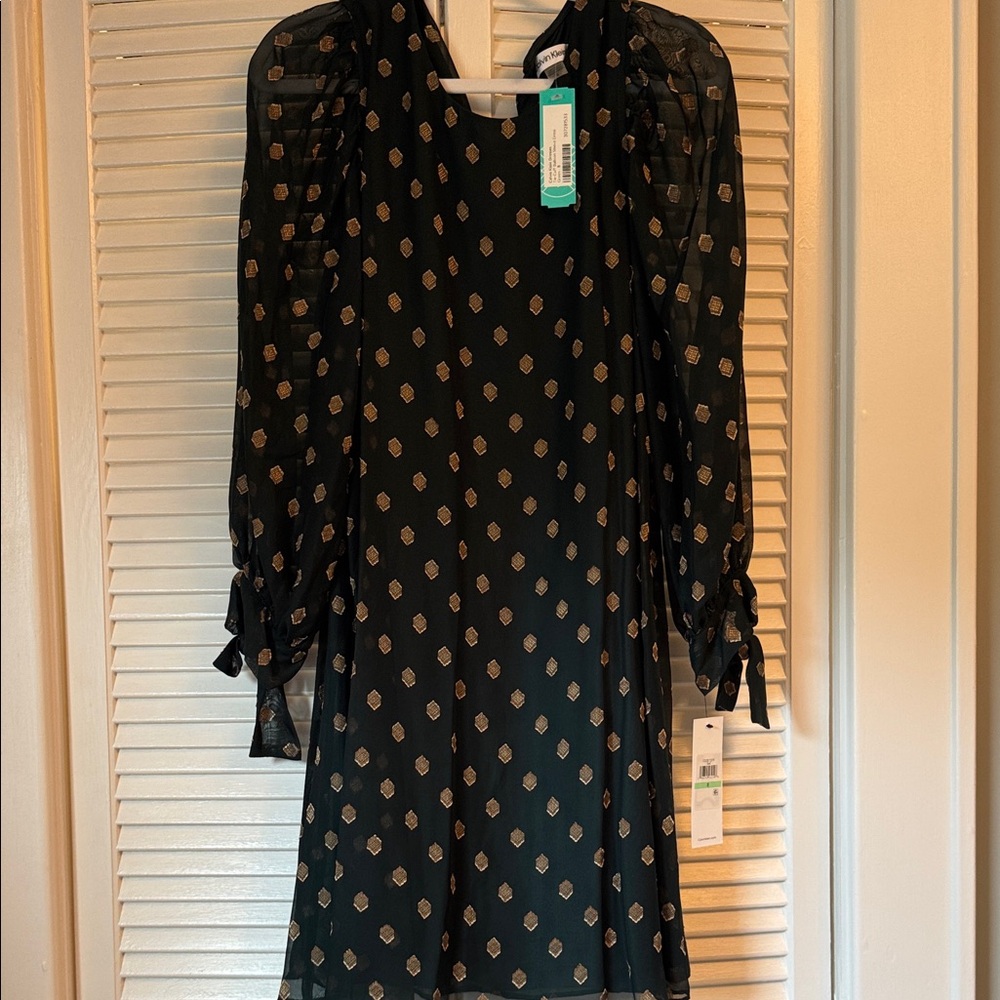 Calvin Klein Gold and Green Long Sleeve Dress